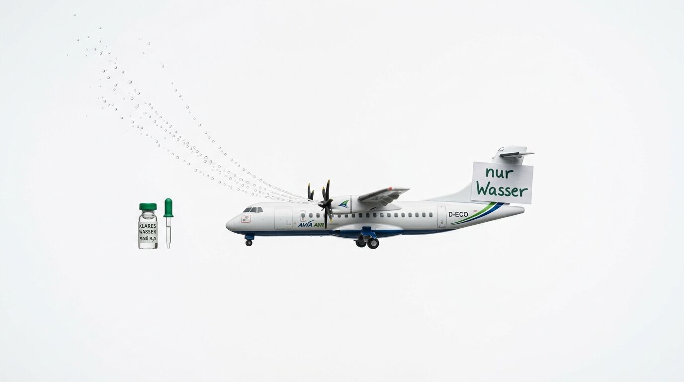 Flugzeugmodell mit Wassertropfen-Spur und „nur Wasser“-Schild, daneben Wasserflasche und Pipette