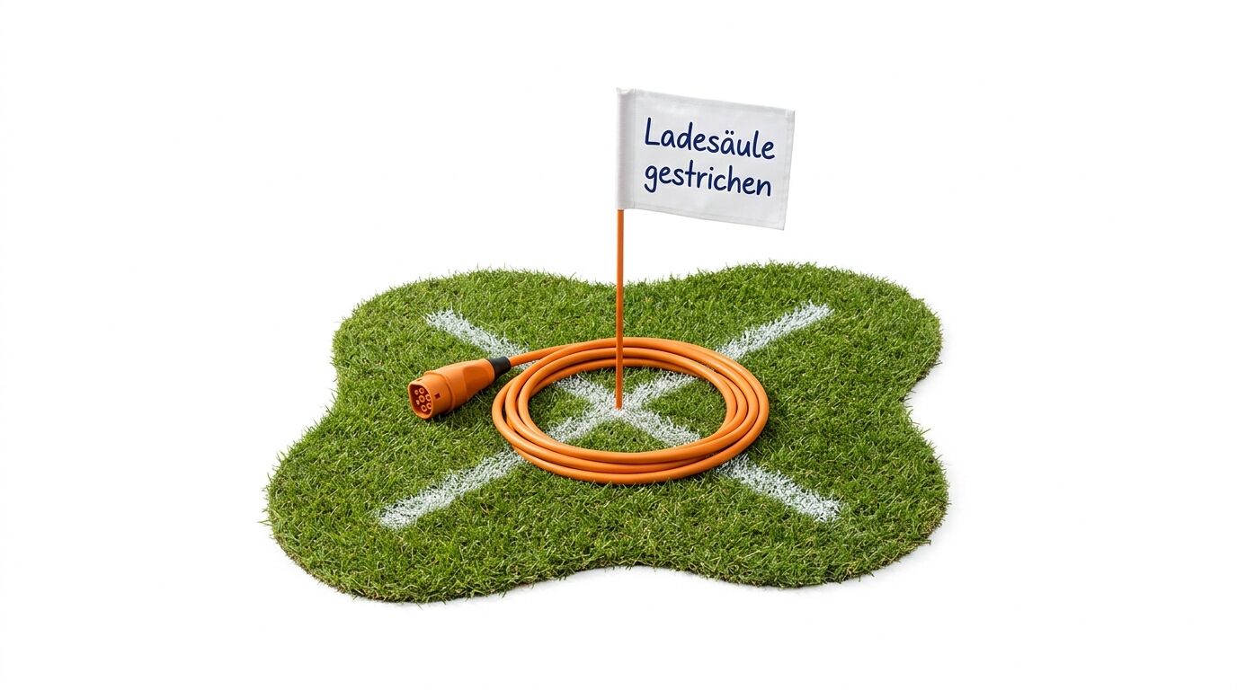Ladekabel auf Rasen, ein weißes Kreuz darauf, sowie eine Fahne „Ladesäule gestrichen“