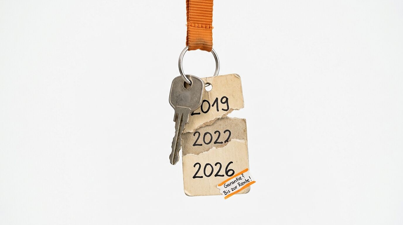 An einem orangefarbenen Band hängt ein Schlüssel mit Jahreszahlenetiketten (2019, 2022, 2026)