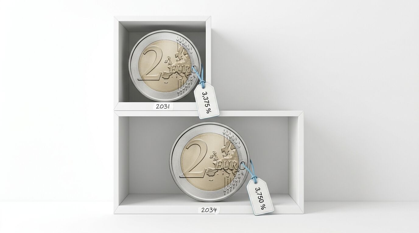 Zwei Euro-Münzen in Regalen mit unterschiedlichen Jahreszahlen und Prozentwerten auf Etiketten