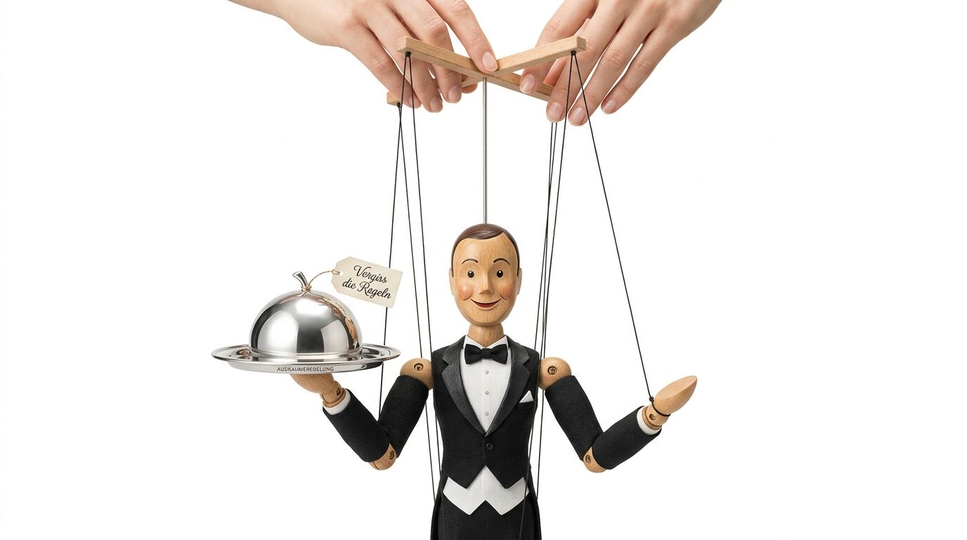 Kellner-Marionette an Fäden vor weißem Hintergrund mit Servierglocke