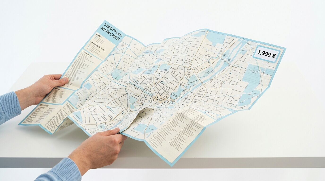 Hände halten einen gefalteten Stadtplan von München mit einem Preisetikett (1.999 €) darauf
