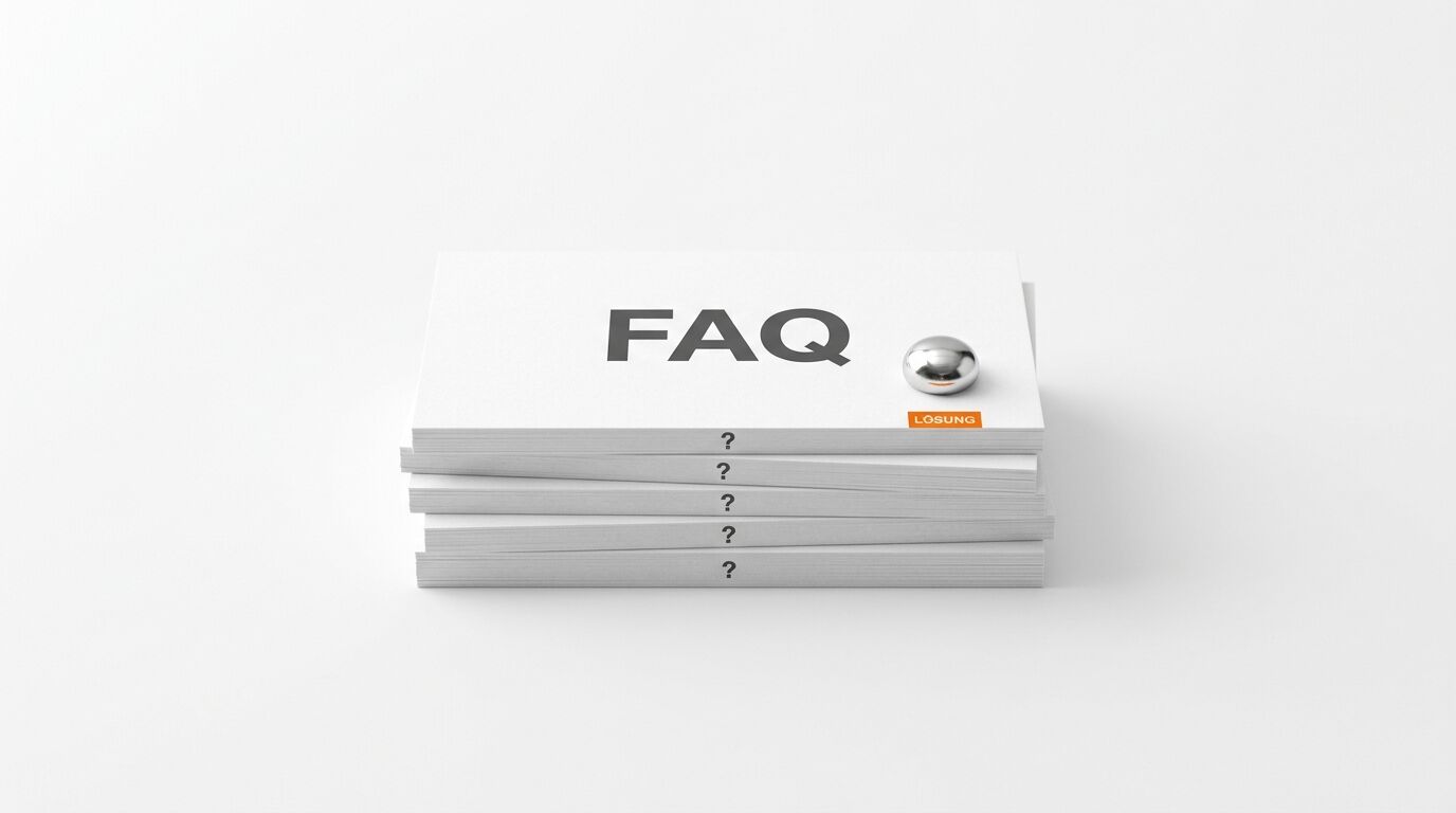 Ein Stapel weißer Karten mit Aufschrift „FAQ“, Fragezeichen, Metallkugel und orangefarbener Markierung