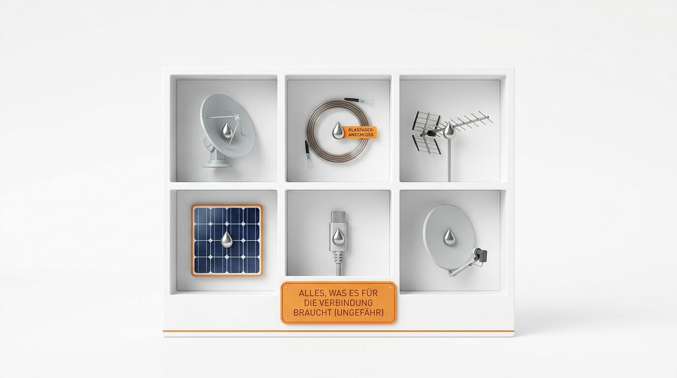 Ein Regal zeigt Kommunikationstechnik und Solarmodul mit Metalltropfen und Texttafel