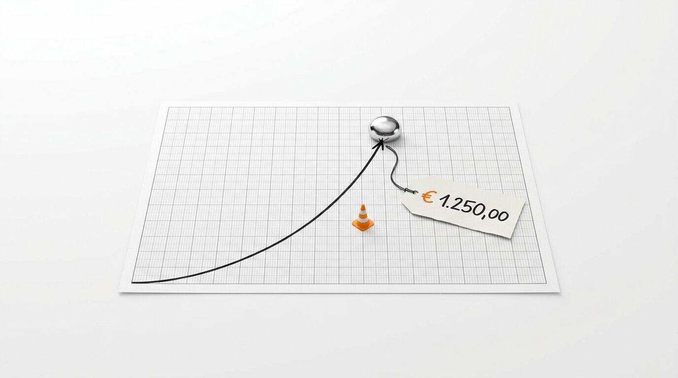 Graph auf Millimeterpapier mit steigendem Pfeil, Metallkugel, Leitkegel und Preisschild (€ 1.250,00)