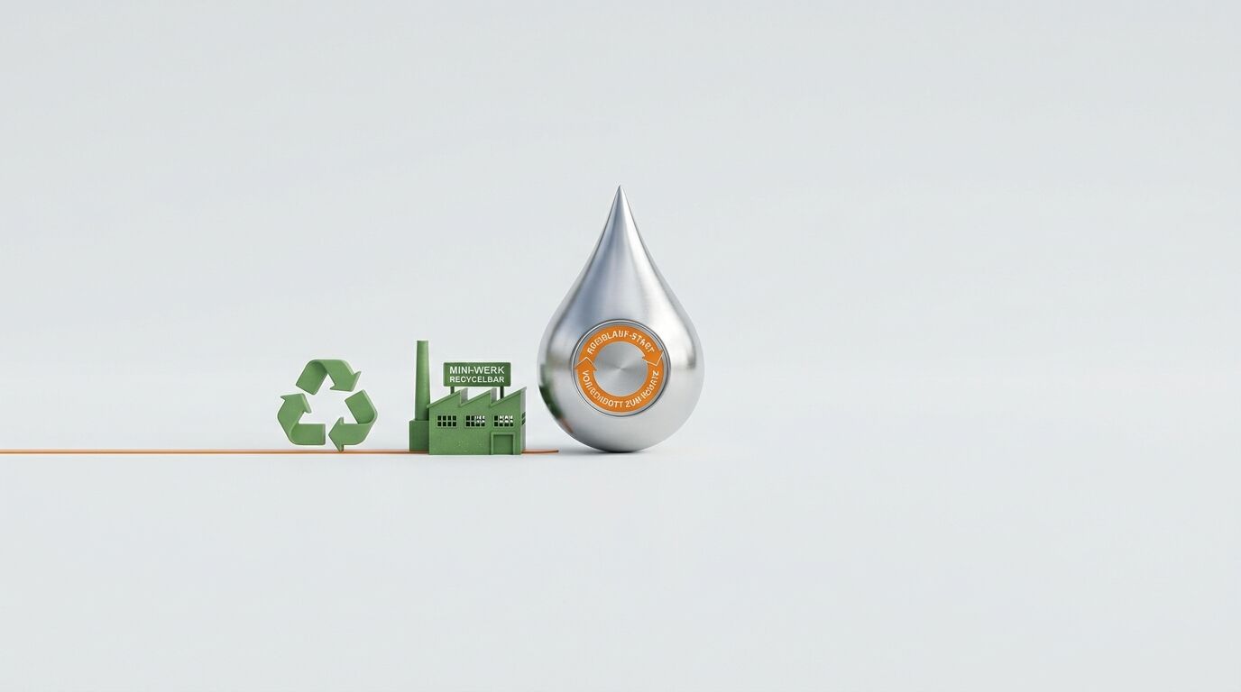 Recyclingsymbol, Mini-Werk und Metalltropfen symbolisieren Stoffkreislauf