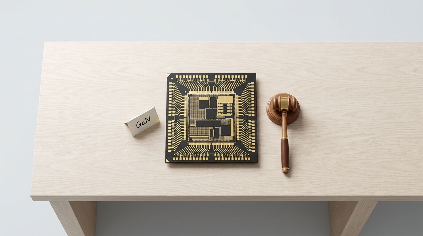 Mikrochip, Richterhammer und Namensschild „GaN“ liegen auf hellem Holztisch