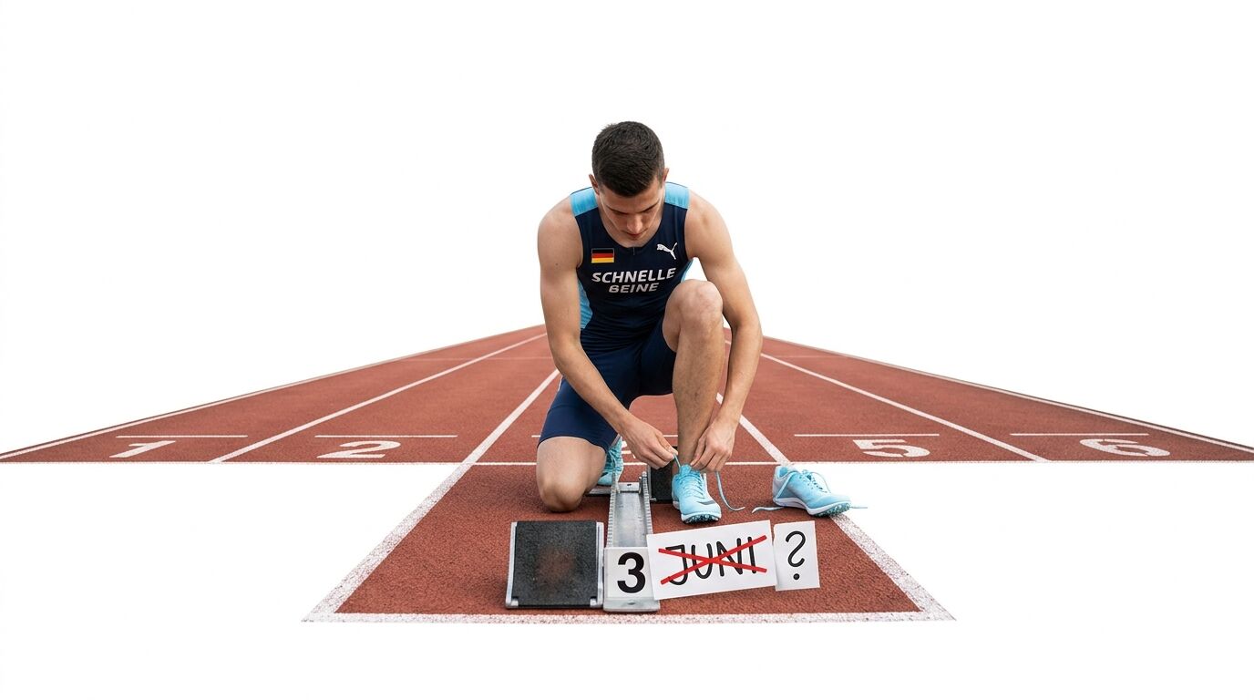 Athlet kniet auf Laufbahn im Startblock, bindet Schuhe, daneben durchgestrichenes Datum „3. JUNI?“