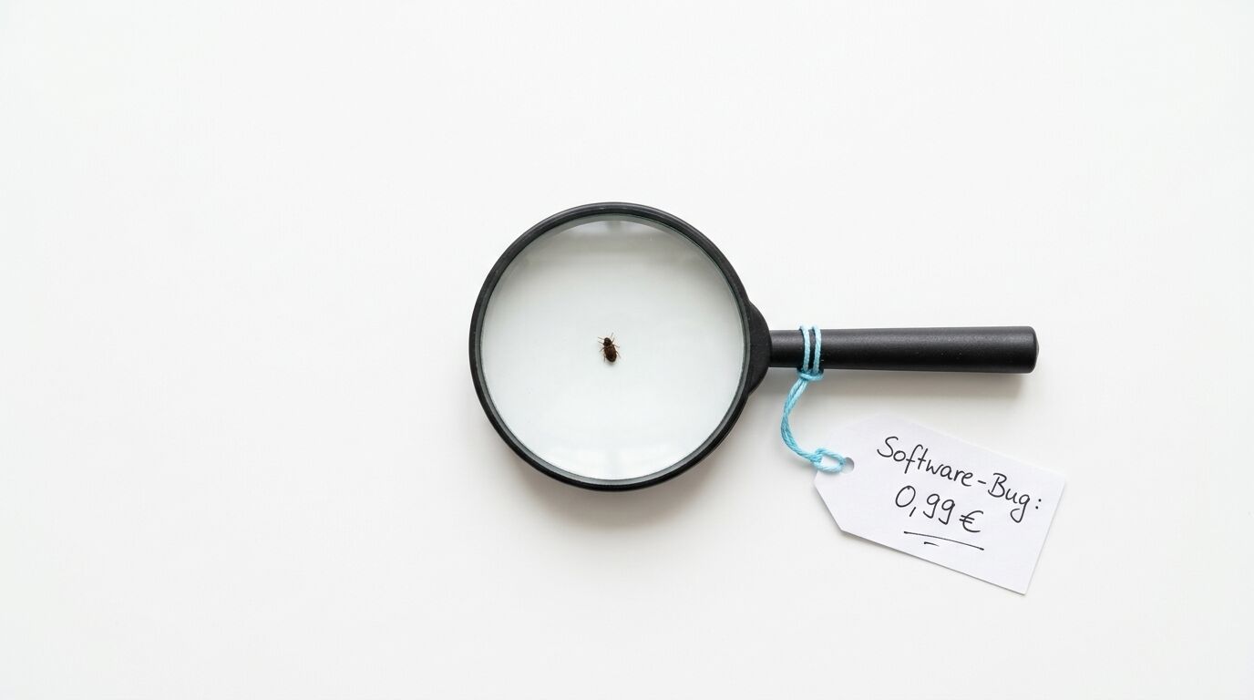 Lupe zeigt Käfer; Preisschild „Software-Bug: 0,99 €“ am Griff auf weißem Grund