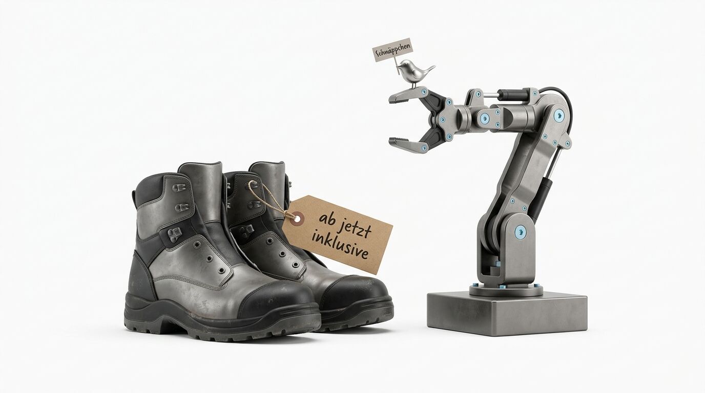 Stiefel mit Preisanhänger und ein Roboterarm, der einen Spielzeugvogel hält, auf Weiß