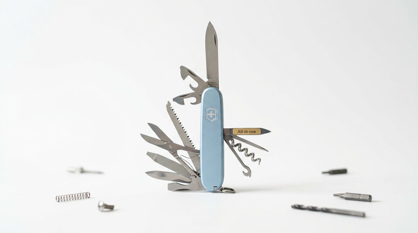 Offenes Schweizer Taschenmesser mit hellblauen Griffschalen und Werkzeugteilen auf weißem Grund