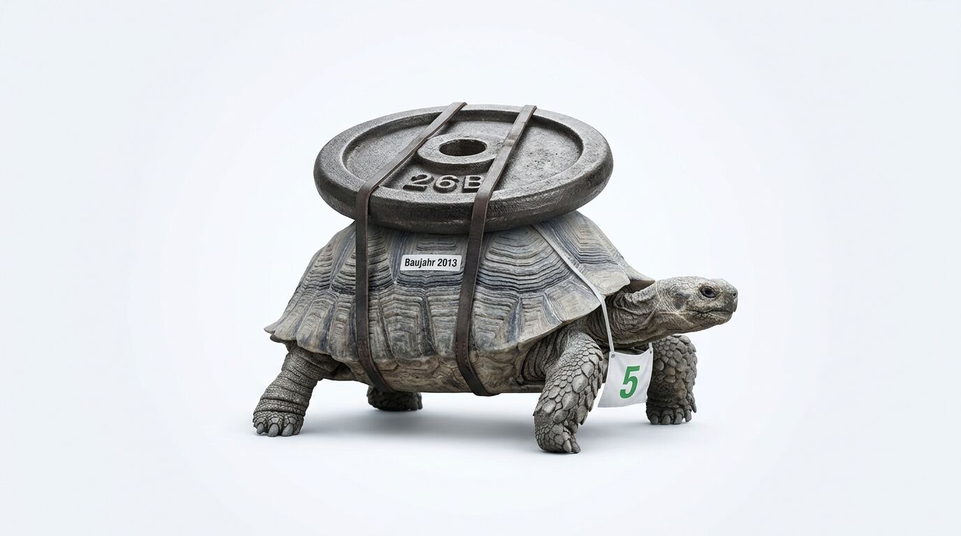 Schildkröte trägt Gewicht auf Panzer, mit Startnummer und „Baujahr 2013“-Aufkleber, auf Weiß