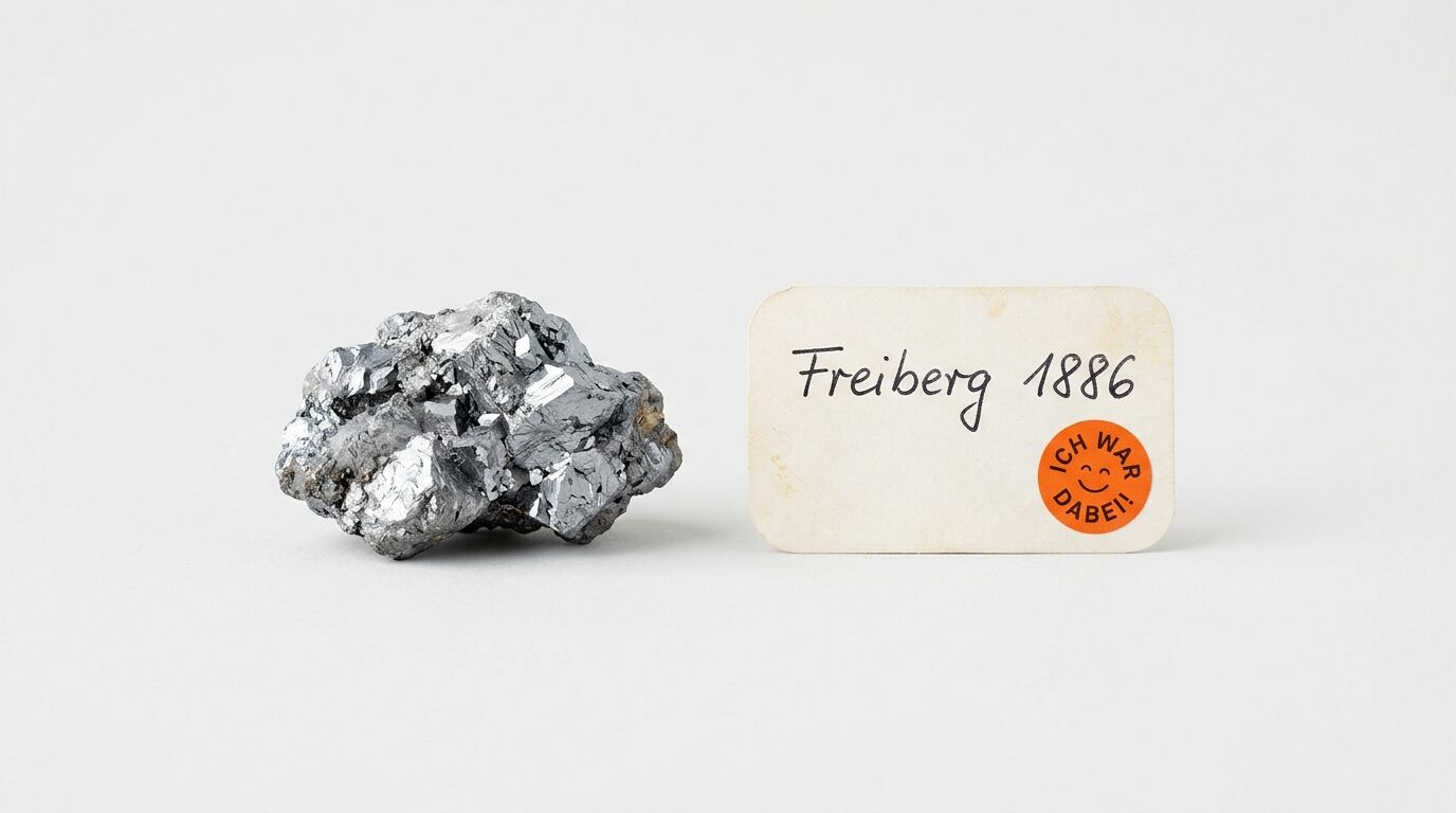Argyrodit-Erz links neben Etikett mit Aufschrift „Freiberg 1886“ und orangefarbenem Aufkleber