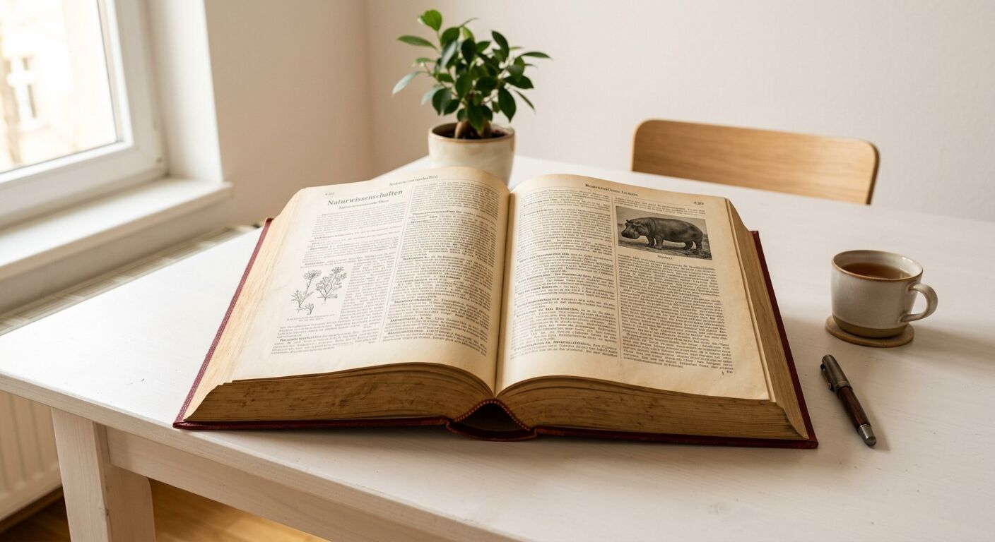 Ein aufgeschlagenes Buch, ein Stift und eine Tasse Tee auf einem weißen Holztisch