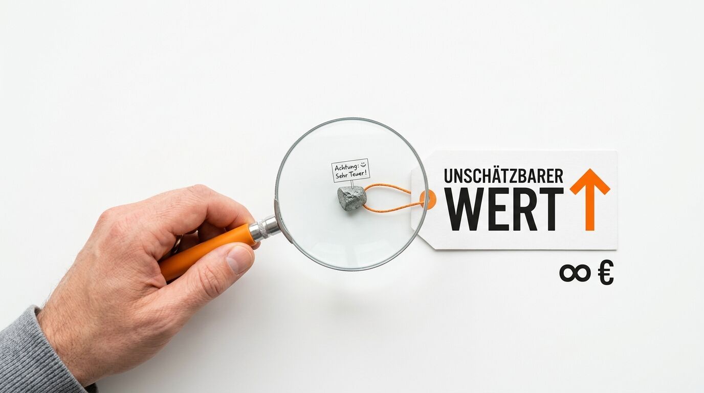 Hand mit Lupe vergrößert Stein und Schild mit Aufschrift