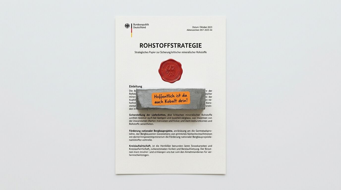 Papier „Rohstoffstrategie“ mit Metallschiene, darauf Klebezettel: „Hoffentlich ist da auch Kobalt drin!“