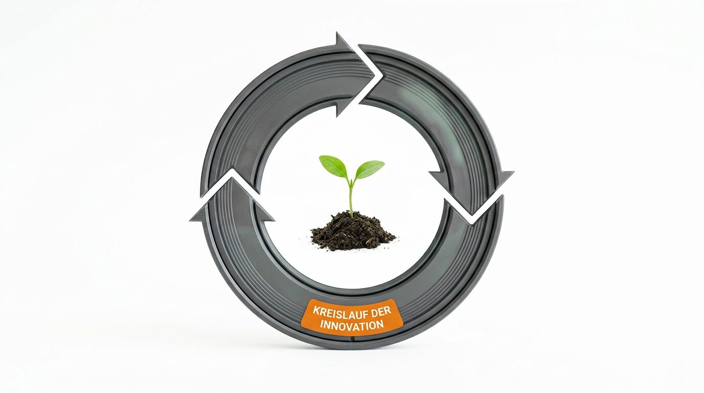 Grauer Pfeilkreis um Pflanze mit Schrift „Kreislauf der Innovation“ auf orangefarbenem Schild