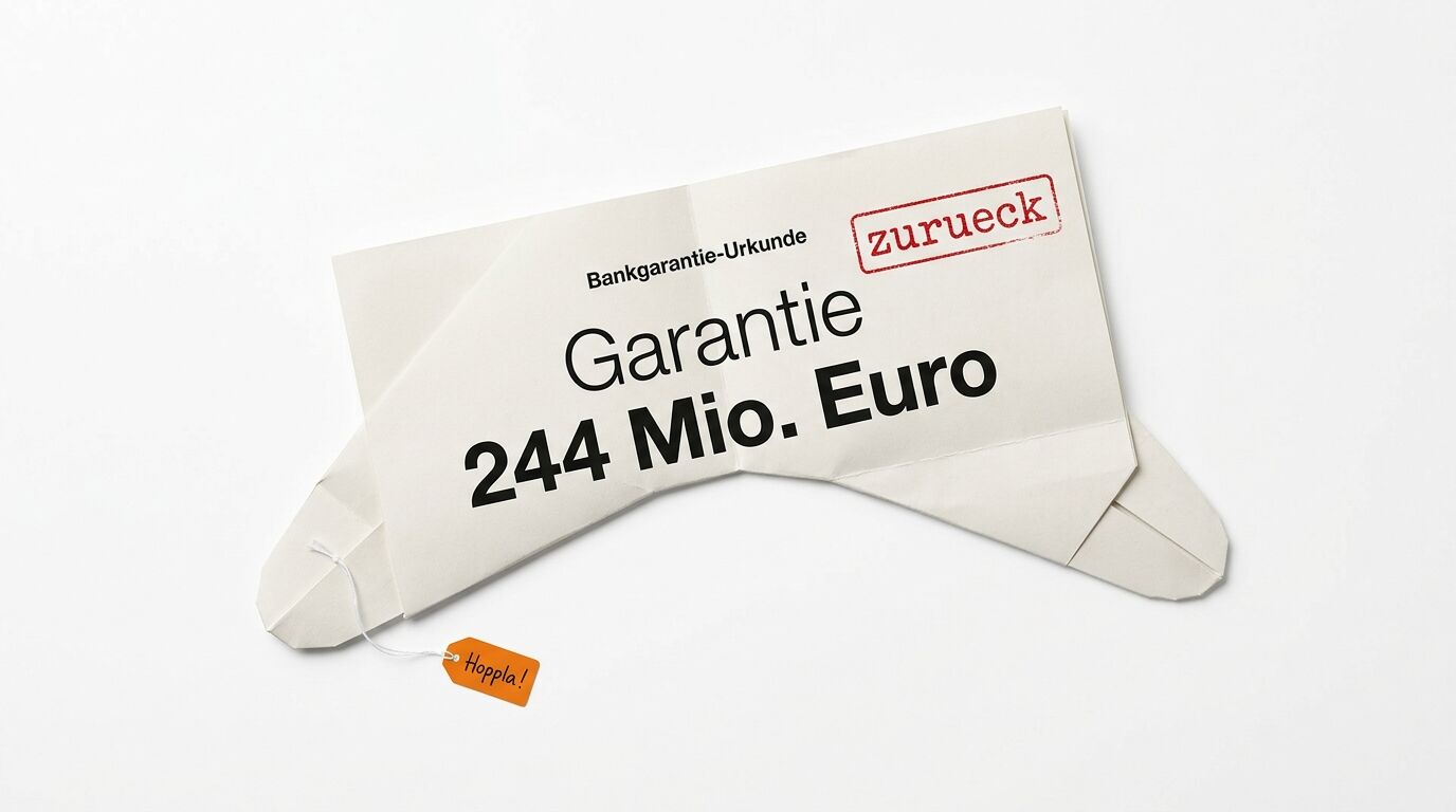 Papierschiffchen aus Bankgarantie über 244 Mio. Euro mit Stempel „zurueck“ und Tag „Hoppla!“