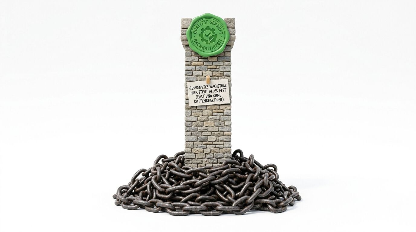Kleiner Steinturm mit Siegel und Zettel, umgeben von schweren Ketten