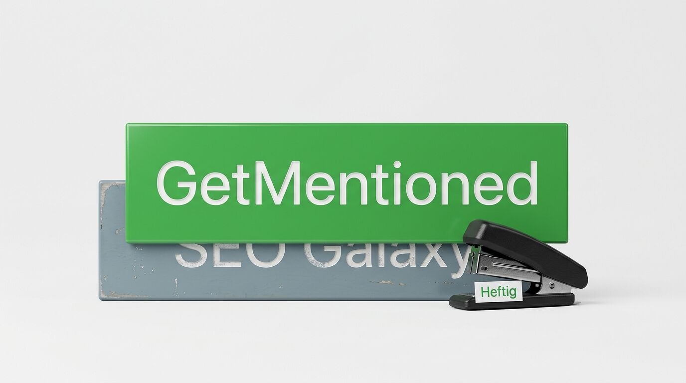Schilder stapeln sich; „GetMentioned“ auf grün, „SEO Galaxy“ auf grau, Tacker mit „Heftig“-Zettel