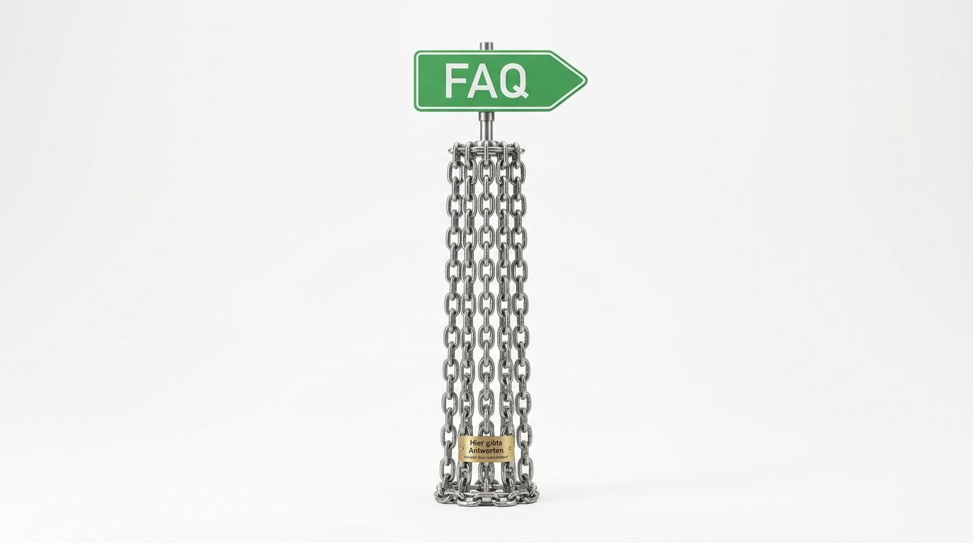 Kettenpfeiler mit grünem Pfeilschild mit der Aufschrift „FAQ“ vor weißem Hintergrund
