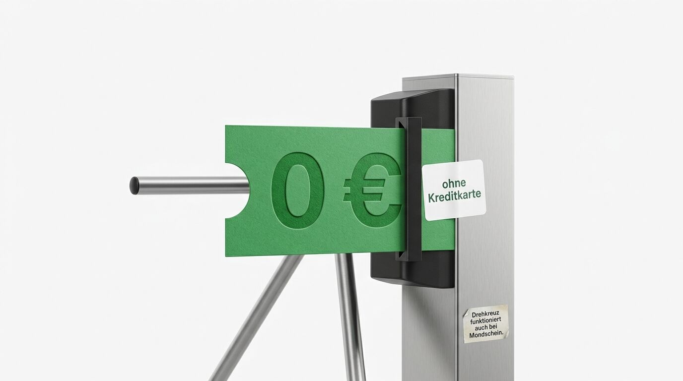 Ein Drehkreuz mit einem grünen 0 €-Ticket und „ohne Kreditkarte“-Aufkleber auf weißem Grund