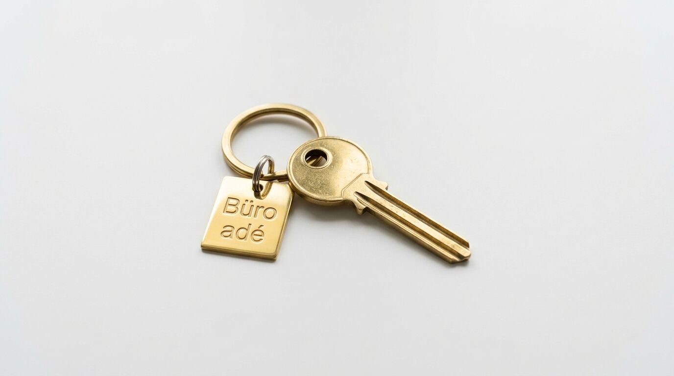 Goldener Schlüssel mit Ring und Anhänger „Büro adé“ auf Weiß