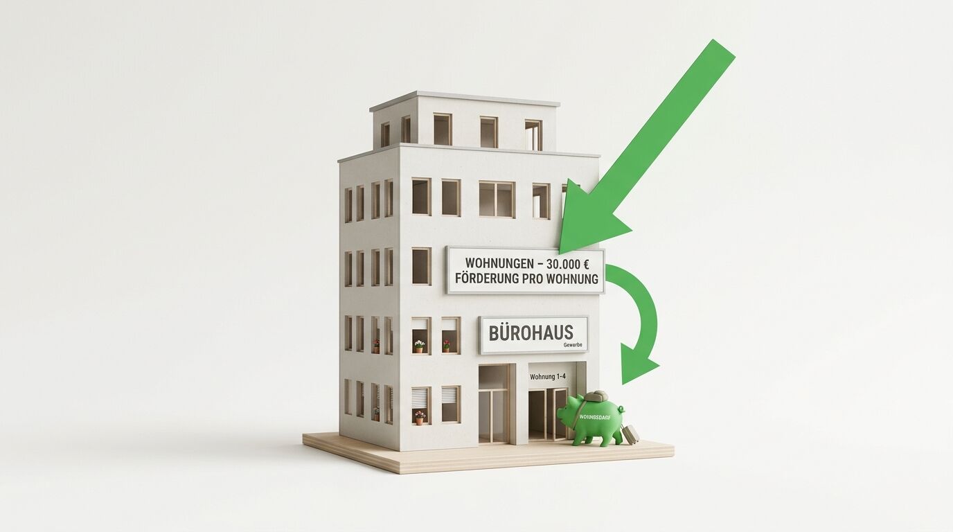 Modell eines Bürohauses, das zu Wohnungen umgebaut wird, mit Förderschild und Sparschwein