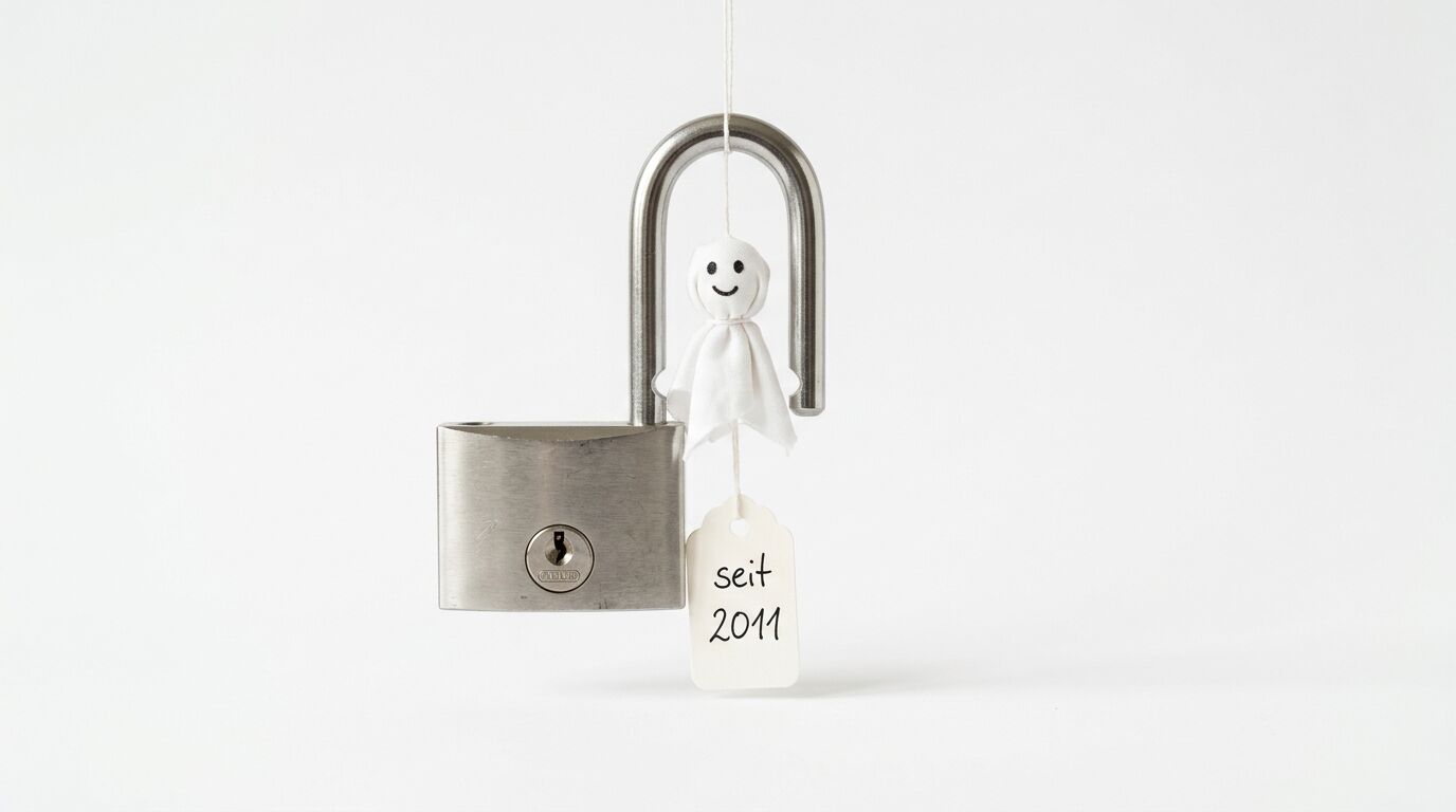 Ein Vorhängeschloss mit hängender Stoffpuppe und einem Schild, auf dem „seit 2011“ steht