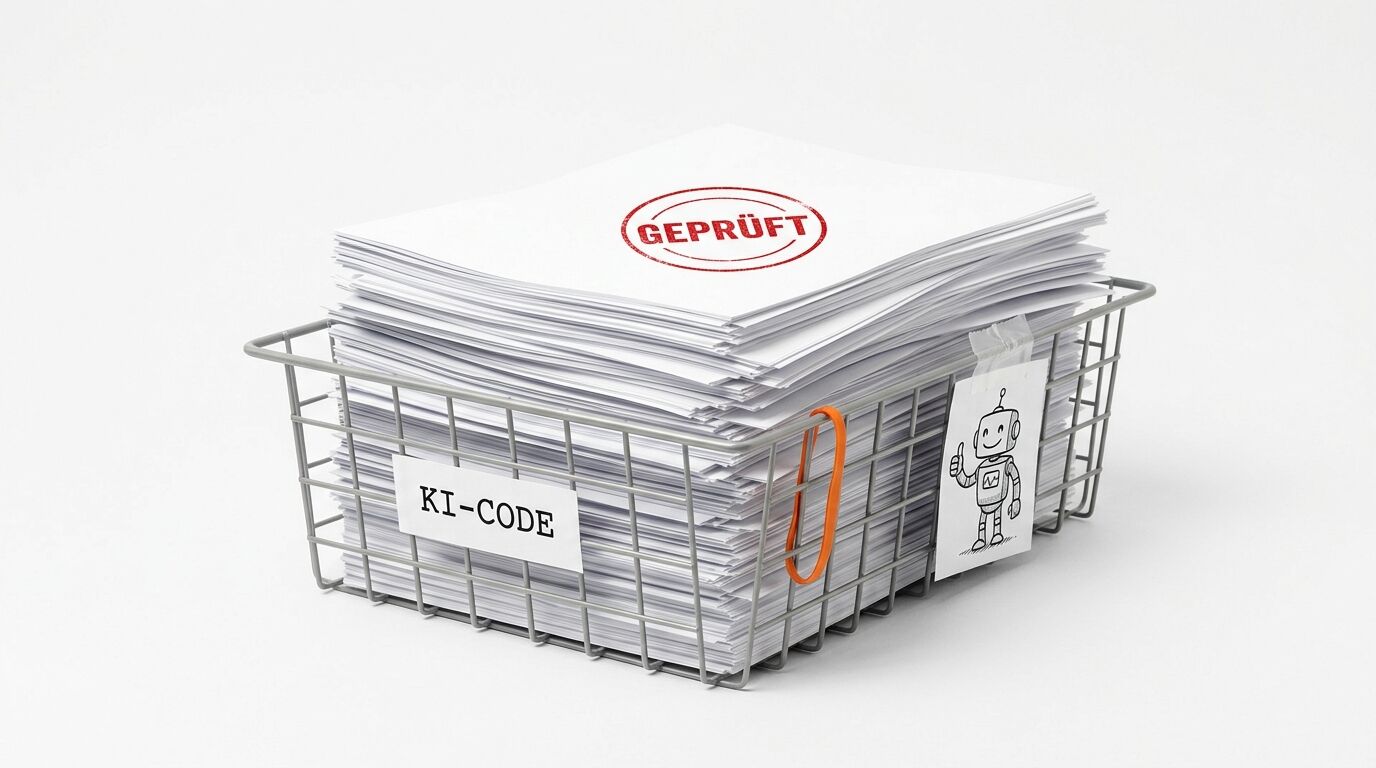 Korb mit gestapelten Papieren, rotem „GEPRÜFT“-Stempel, „KI-CODE“-Schild und Roboterzeichnung