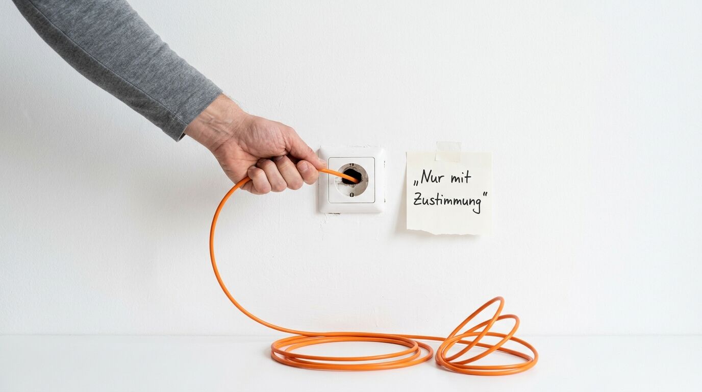 Hand hält Kabel in Wandöffnung. Rechts Zettel: „Nur mit Zustimmung“. Orangenes Kabel auf Boden