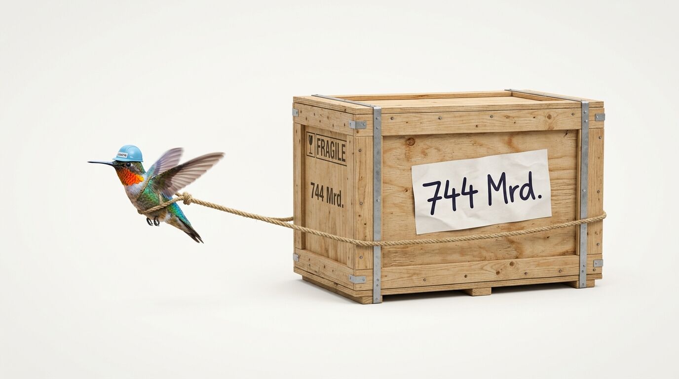 Kolibri zieht Kiste mit Aufschrift „744 Mrd.“ vor weißem Hintergrund