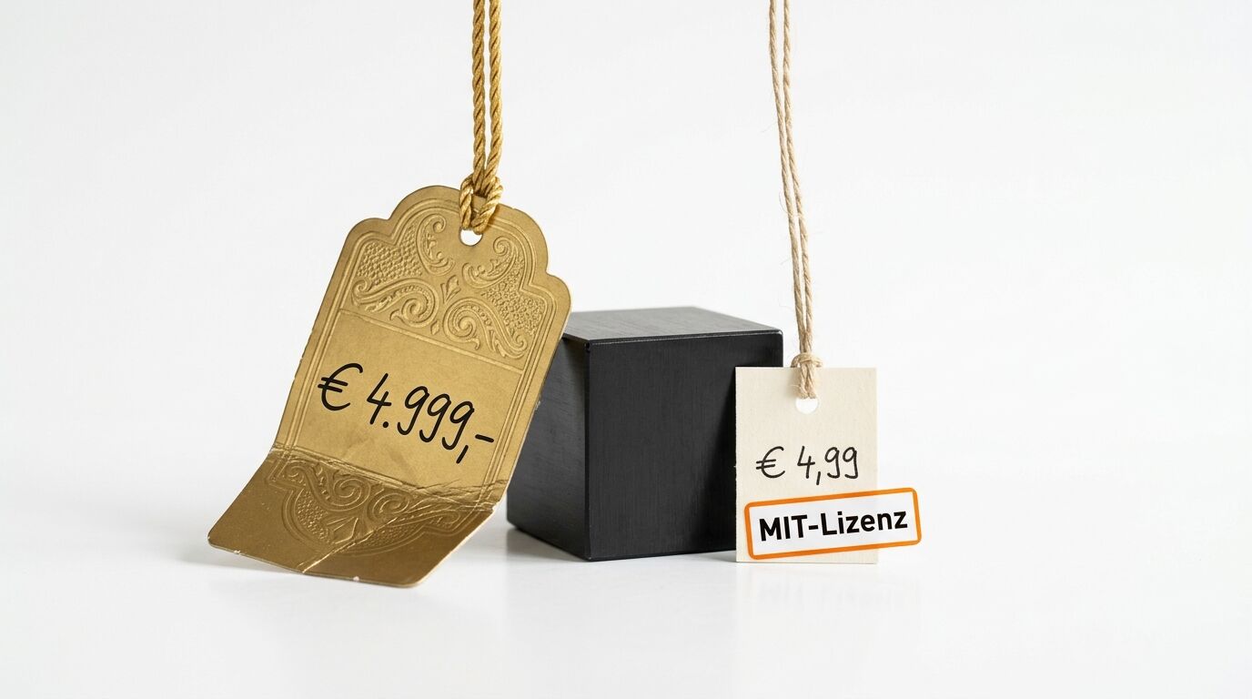 Ein hoher Preisanhänger (€ 4.999,-) neben einem niedrigen mit MIT-Lizenz (€ 4,99)