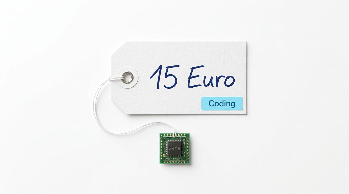 Etikett mit 15 Euro Aufschrift und ein daran befestigter Mikrochip auf weißem Grund