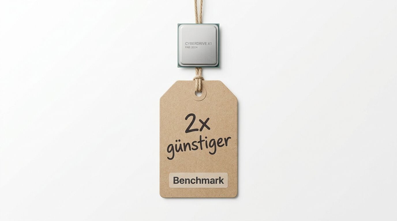 Prozessor und Preisschild hängen an Schnur auf weißem Grund. Aufschrift: 