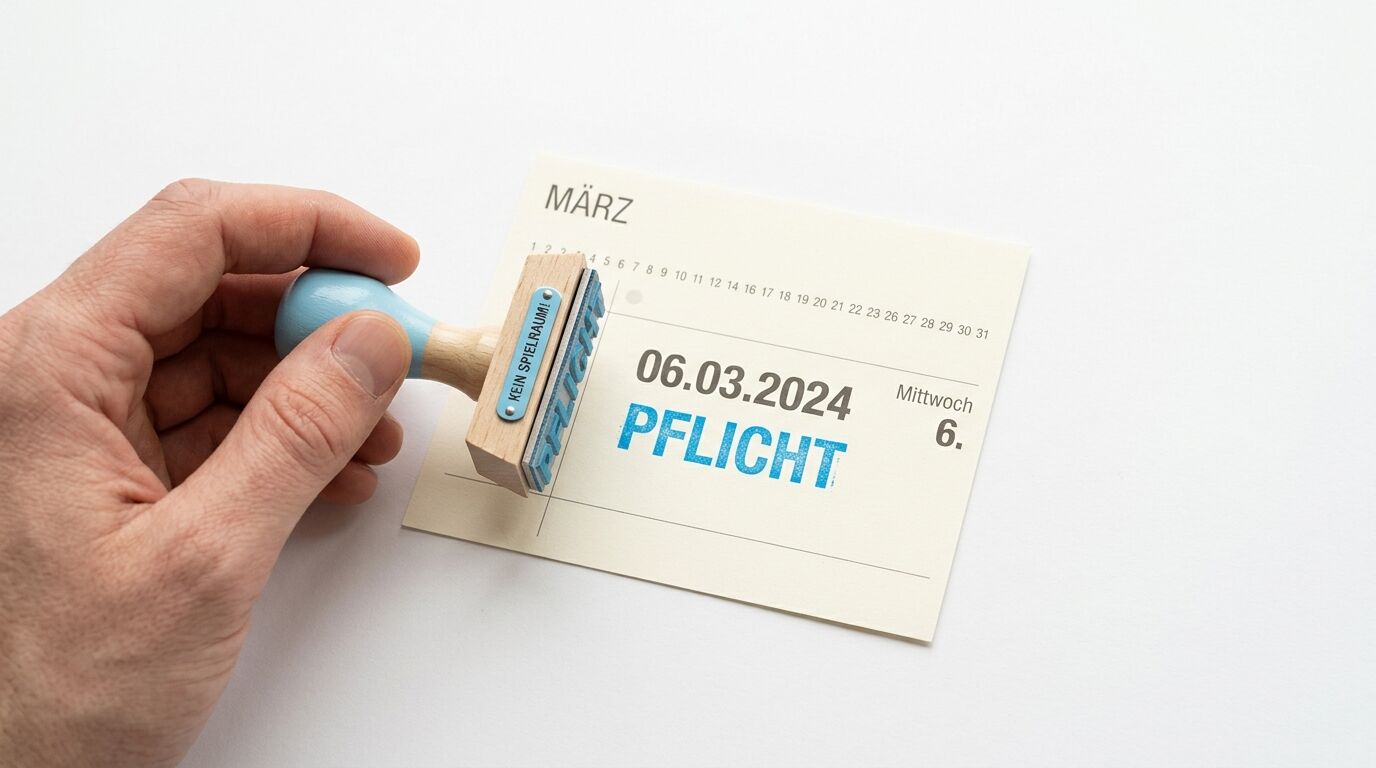 Ein Stempel wird auf ein Kalenderblatt mit dem Datum 06.03.2024 gedrückt
