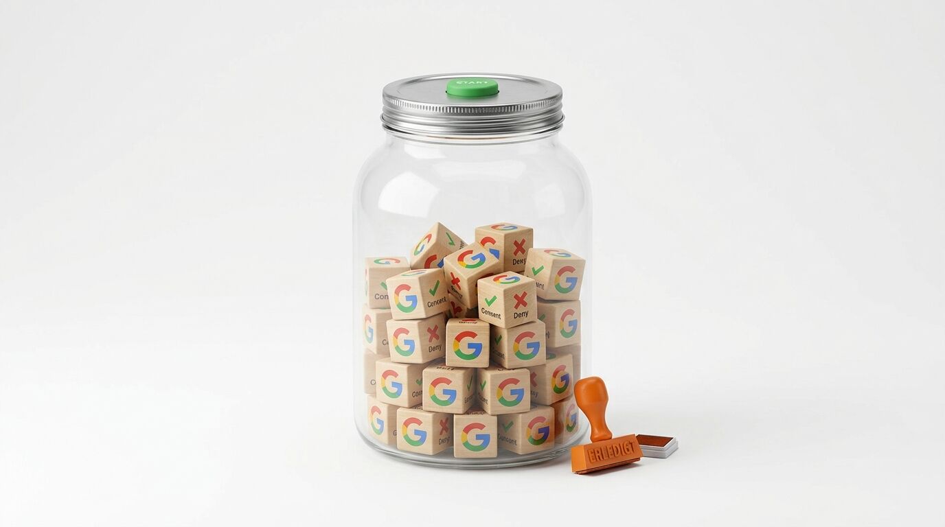 Glasglas mit Google-Würfeln, daneben ein Stempel und ein Stempelkissen auf weißem Hintergrund