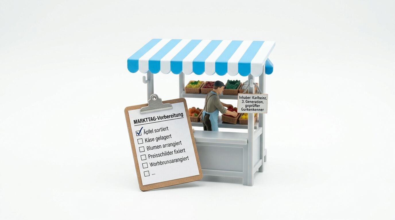 Miniatur-Marktstand mit Verkäuferfigur und Klemmbrett mit Checkliste auf weißem Hintergrund