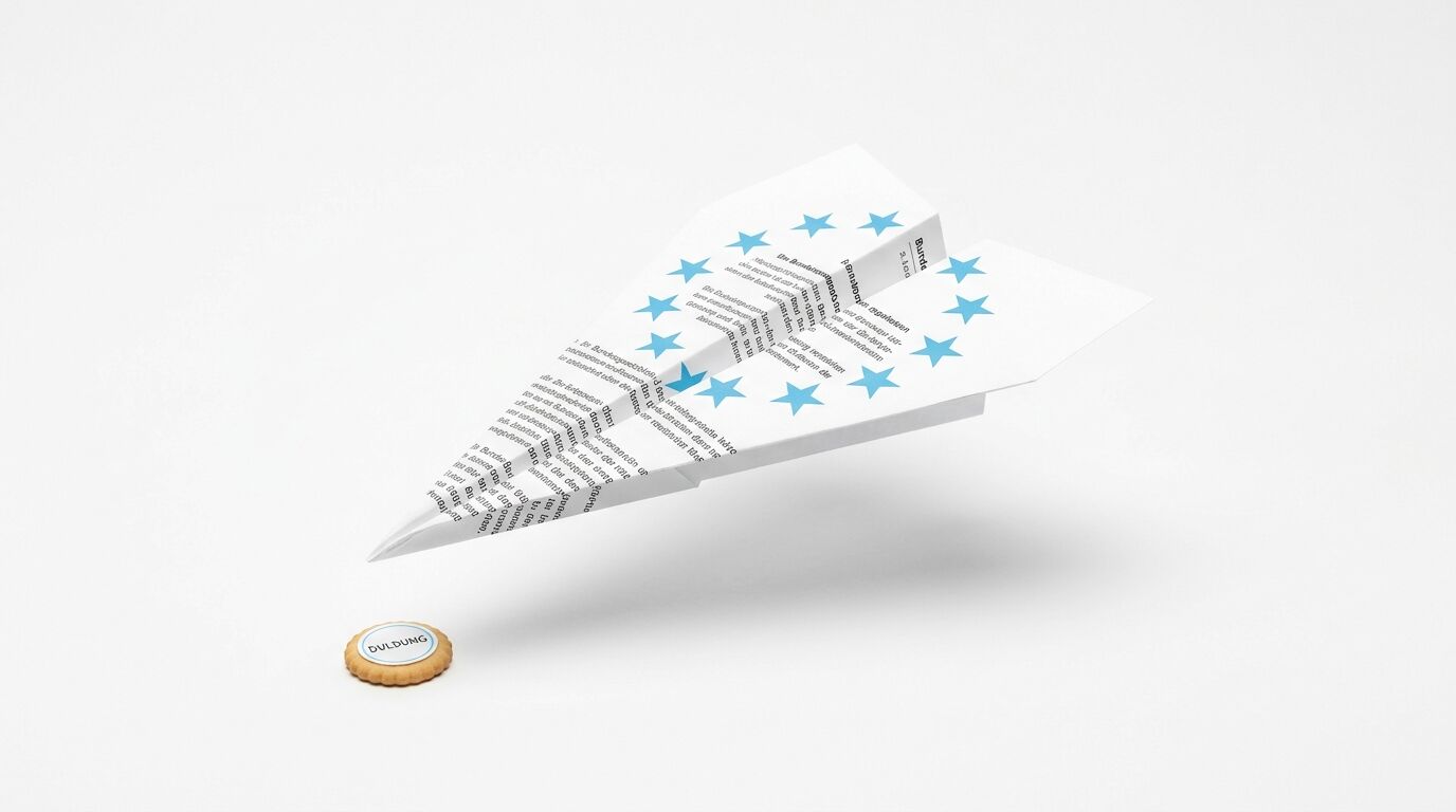 Papierflieger mit EU-Flaggenmuster und Text über Keks mit der Aufschrift „Duldung“