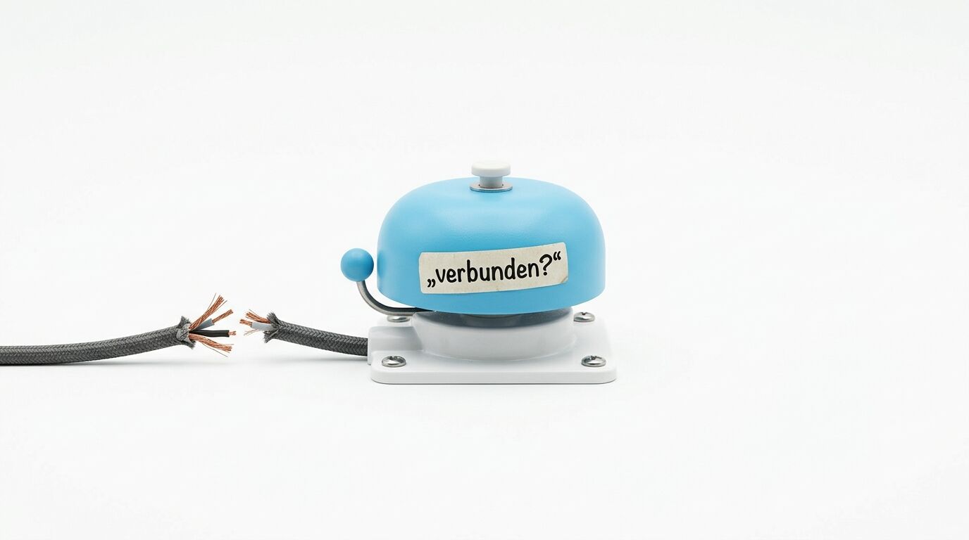 Blaue Klingel mit Aufschrift „verbunden?“, davor ein durchtrenntes Kabel, auf Weiß