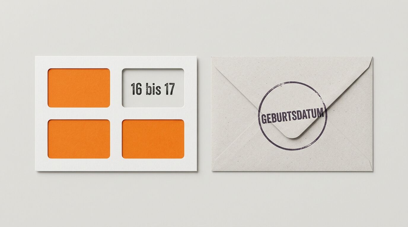 Fensterkarte mit „16 bis 17“ neben einem Umschlag mit „GEBURTSDATUM“-Stempel