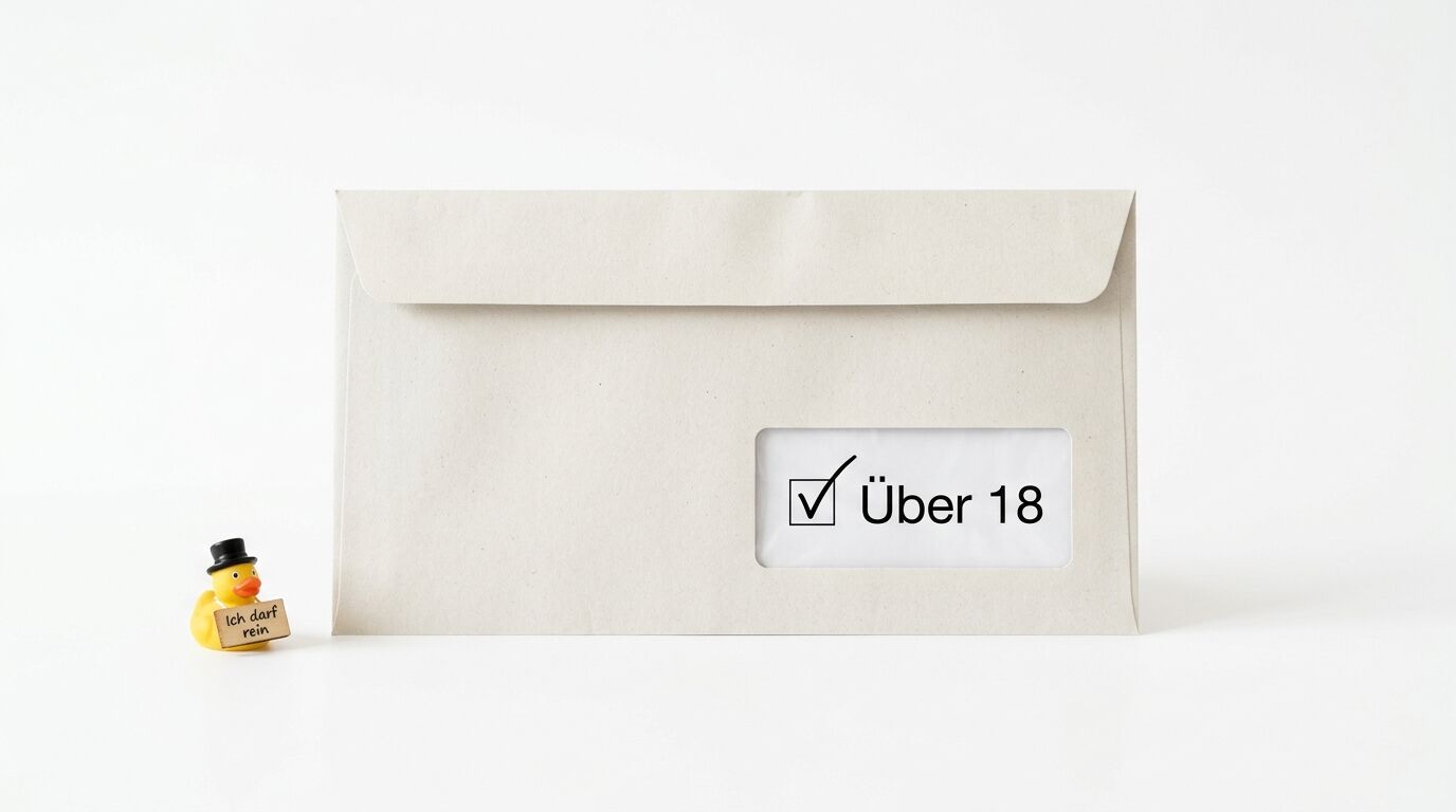 Briefumschlag mit Aufdruck „Über 18“ und angekreuztem Kästchen, links eine kleine Gummiente