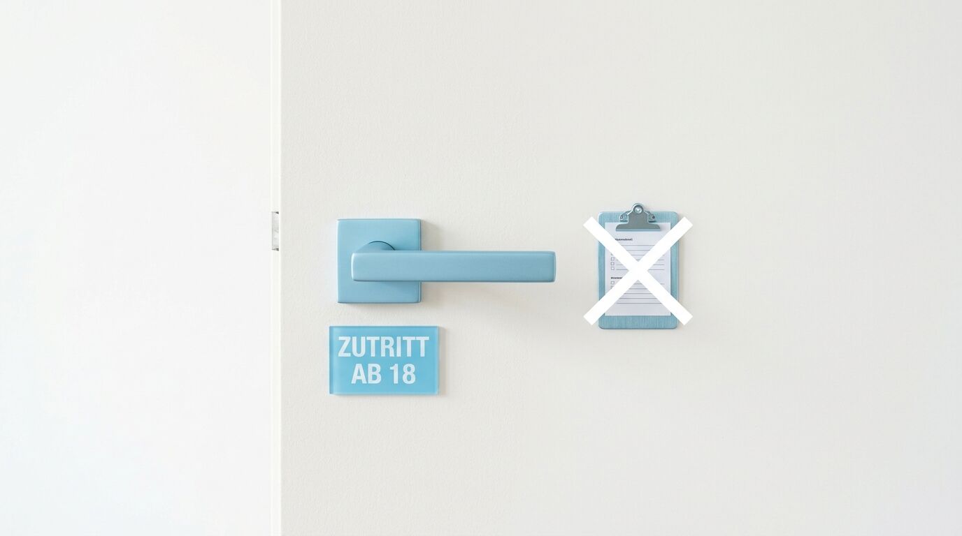 Blaue Türklinke, Schild „ZUTRITT AB 18“, durchgestrichenes Klemmbrett an weißer Tür
