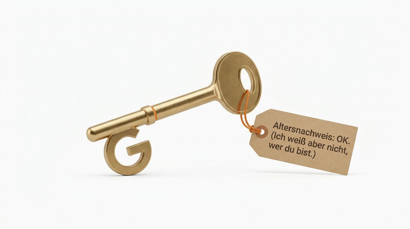 Goldener Schlüssel mit G-Bart, Anhänger: „Altersnachweis: OK. (Ich weiß aber nicht, wer du bist.)“