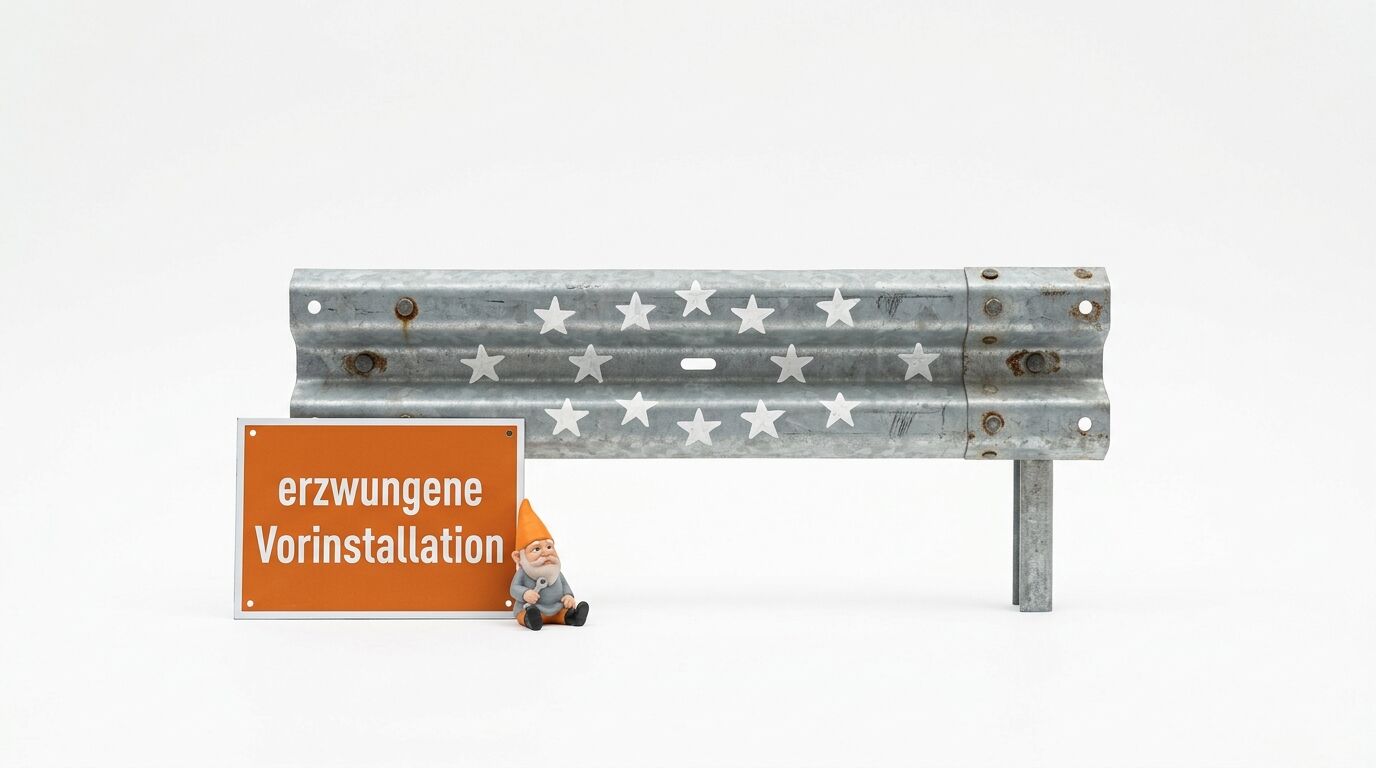 Leitplanke mit Sternen, daneben ein sitzender Zwerg und ein Schild mit Text 