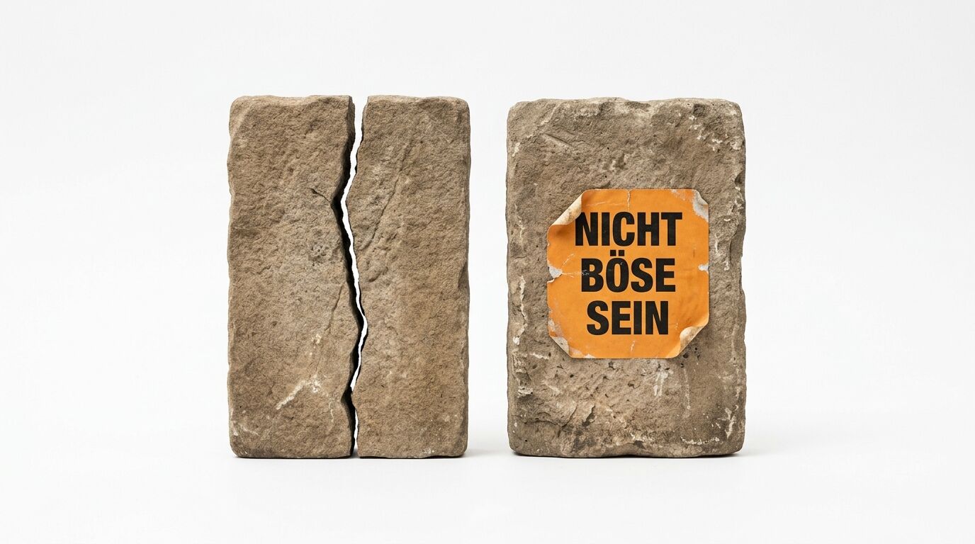 Zwei Steinblöcke vor weißem Grund; links ein gebrochener Block, rechts ein Block mit Aufkleber