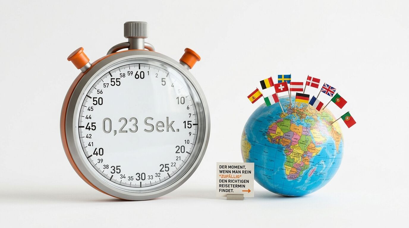 Digitalanzeige einer Stoppuhr, Weltkugel mit Europafahnen, daneben ein Kärtchen mit Text
