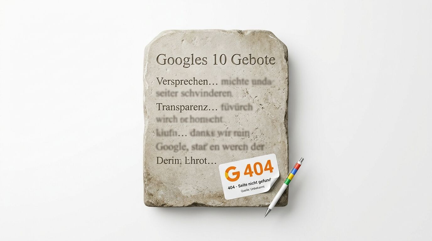 Steintafel mit „Googles 10 Gebote“, teilweise unscharf, mit Stift und „404“-Sticker