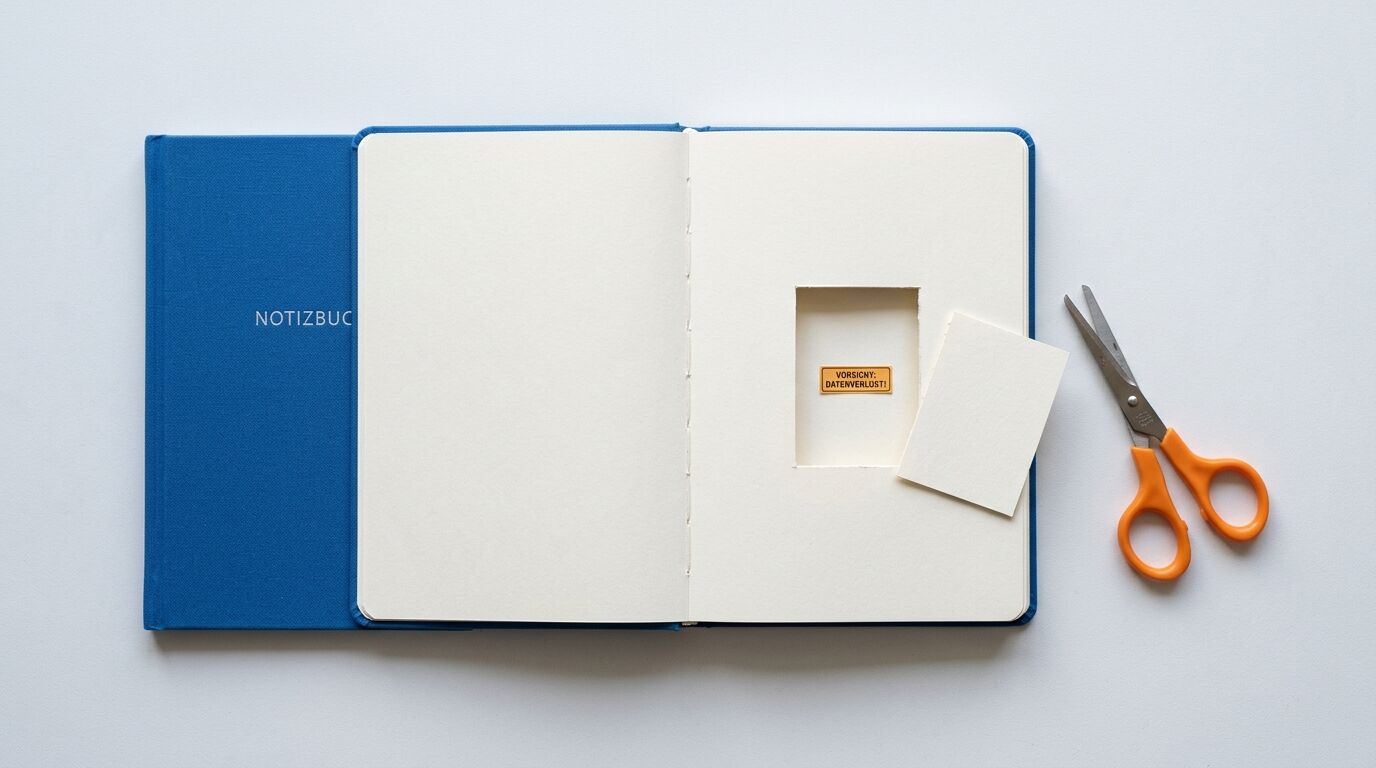 Aufgeschnittenes blaues Notizbuch mit Warnschild „VORSICHT: DATENVERLUST!“ und Schere daneben