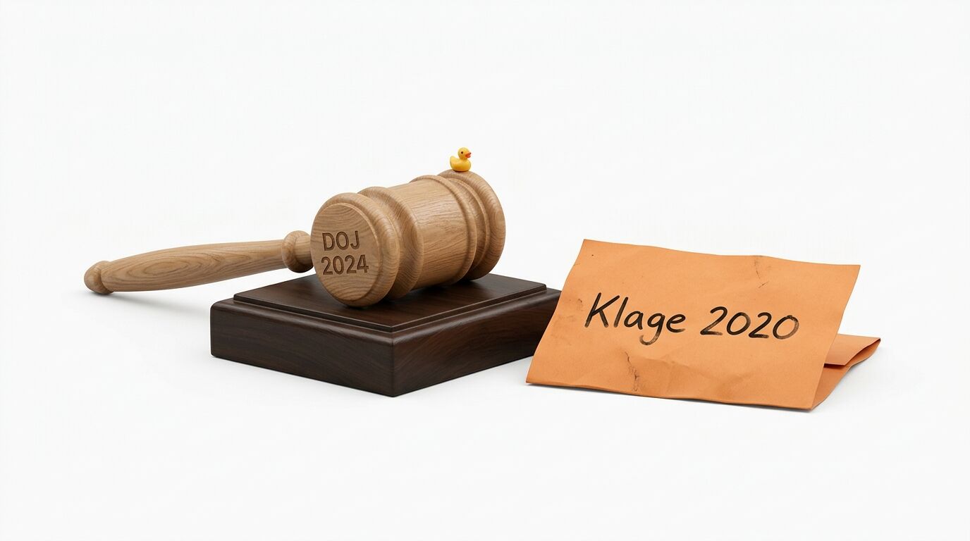 Holzhammer „DOJ 2024“ mit Quietscheente auf Sockel, daneben „Klage 2020“-Notiz auf Orange